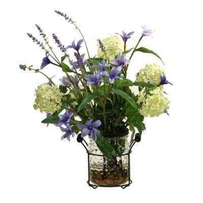 Cream/Green Snowball Branches, Blue Spike Flower, and Lavender in Firefly Jelly Jar - 169098