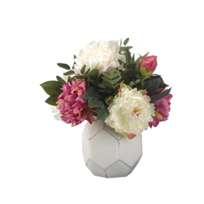 Pink and Cream Peonies in White Glass Bowl - 181028