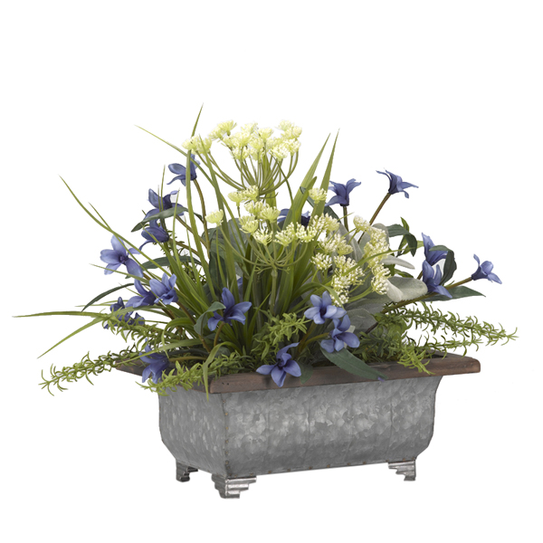 Blue Wild Flowers, Queen Anne's Lace and Wild Grass in Rectangle Metal Planter - 184015
