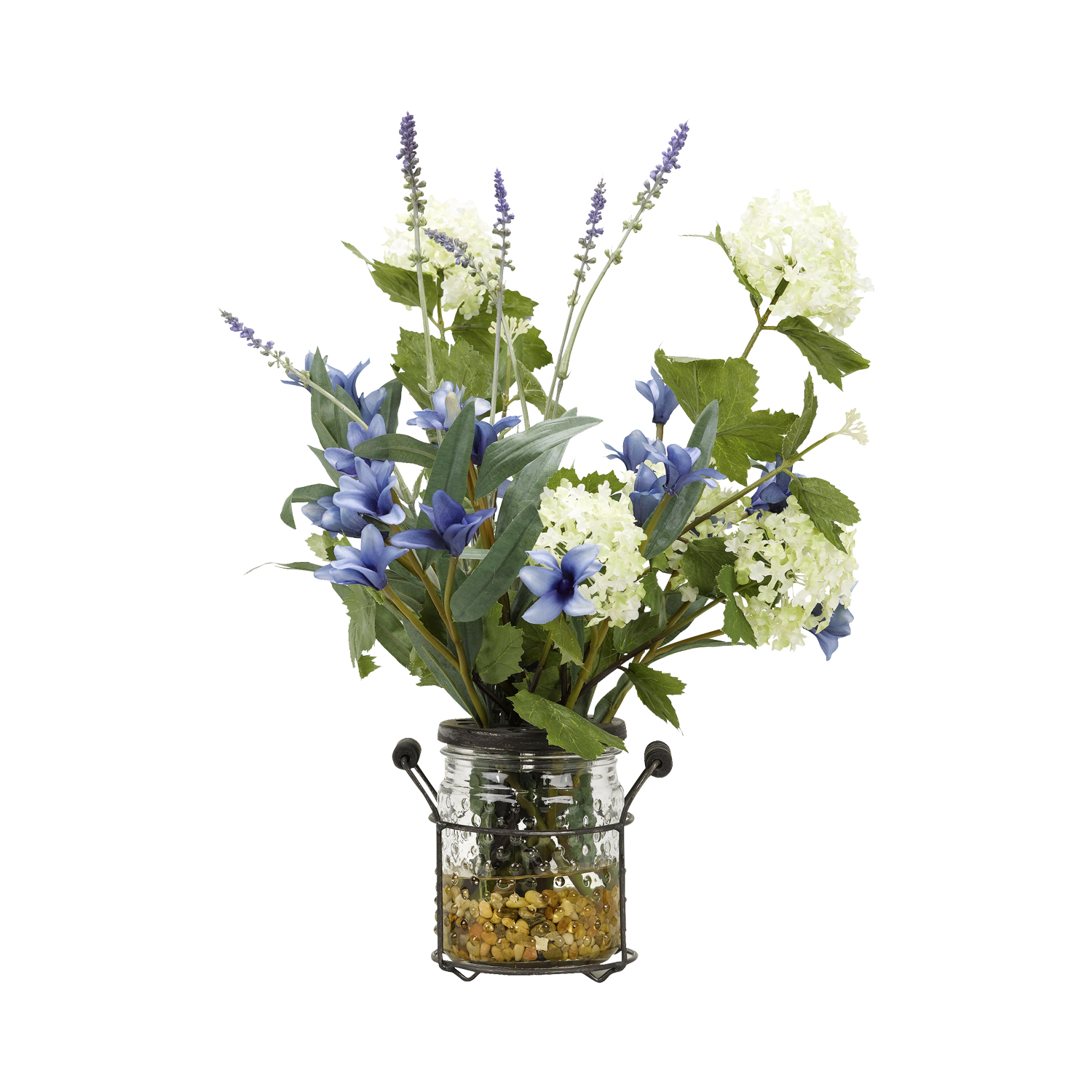 Cream/Green Snowball Branches, Blue Spike Flower, and Lavender in Firefly Jelly Jar - 169098