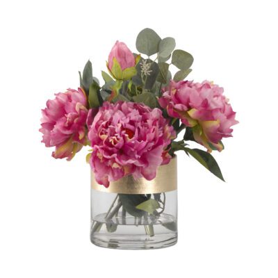 Pink Peonies in Short Glass Cylinder with Gold Stripe - 181022