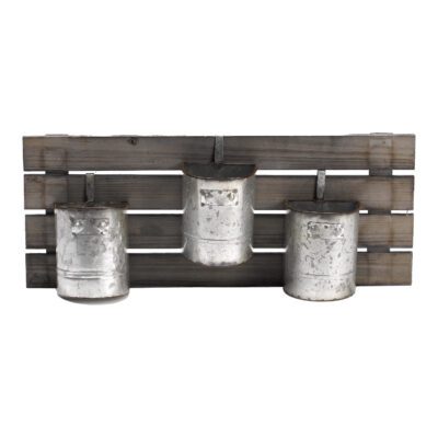 Wooden Slat Wall Hanging with Tin Buckets - CT2507