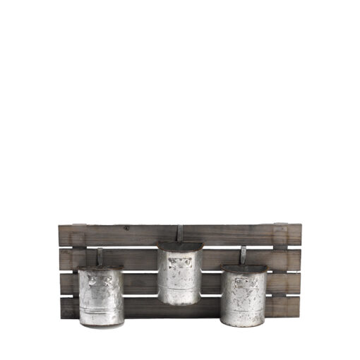 Wooden Slat Wall Hanging with Tin Buckets