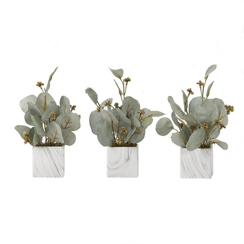 Seeded Eucalyptus Branches in Marbled Ceramic Cube - set of 3 - 191011