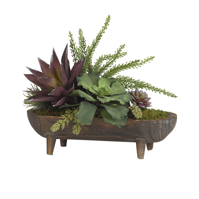 Leather Fern, Aloe and Echeveria in Oblong Wooden Dough Bowl with Legs - 191053