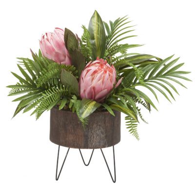 Pink Queen Protea, Palm Fronds & Fern in Clayton Planter - 199009
