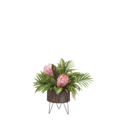 Pink Queen Protea, Palm Fronds & Fern in Clayton Planter - 199009