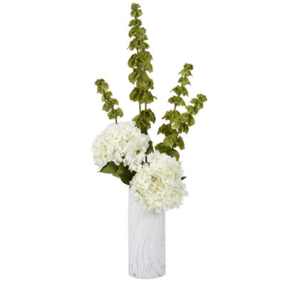 Cream Hydrangeas and Bells of Ireland in Tall Cora Vase - 201006