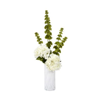 Hydrangeas and Bells of Ireland in Tall Cora Vase - 201006