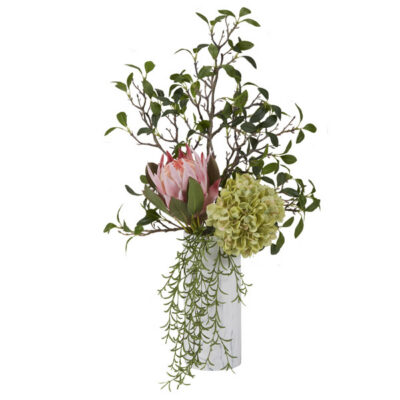 Pink Proteas and Green Hydrangea with Foliage in Tall Cora Vase - 201007
