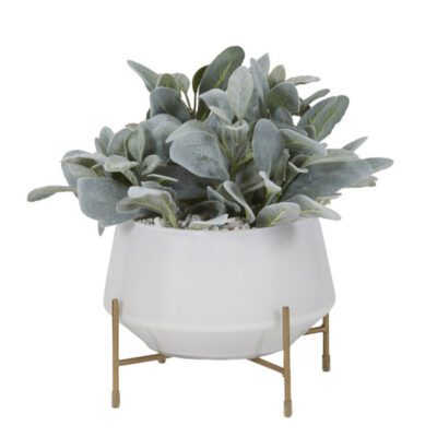 Lamb's Ear in White Glass Bowl with Metal Stand - 204035