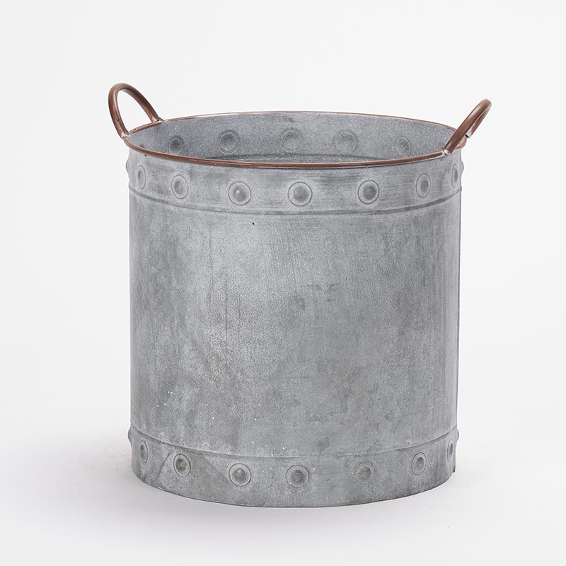 LARGE ROUND METAL PLANTER WITH HANDLES - D&W Silks