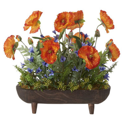 Orange Poppies & Blue Wild Flowers in Dough Bowl - 197016