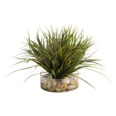 Grass with Large White River Rock in Round Glass - 209028