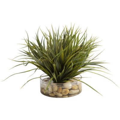 Grass with Large White River Rock in Round Glass - 209028