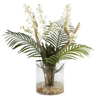 Ghostwood Branch, Dendrobium Orchids & Palm Frond in Lata Vase - 209031