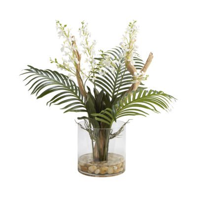Palm Fronds, Ghostwood Branch, and Dendrobium Orchids in Lata Vase - 209031