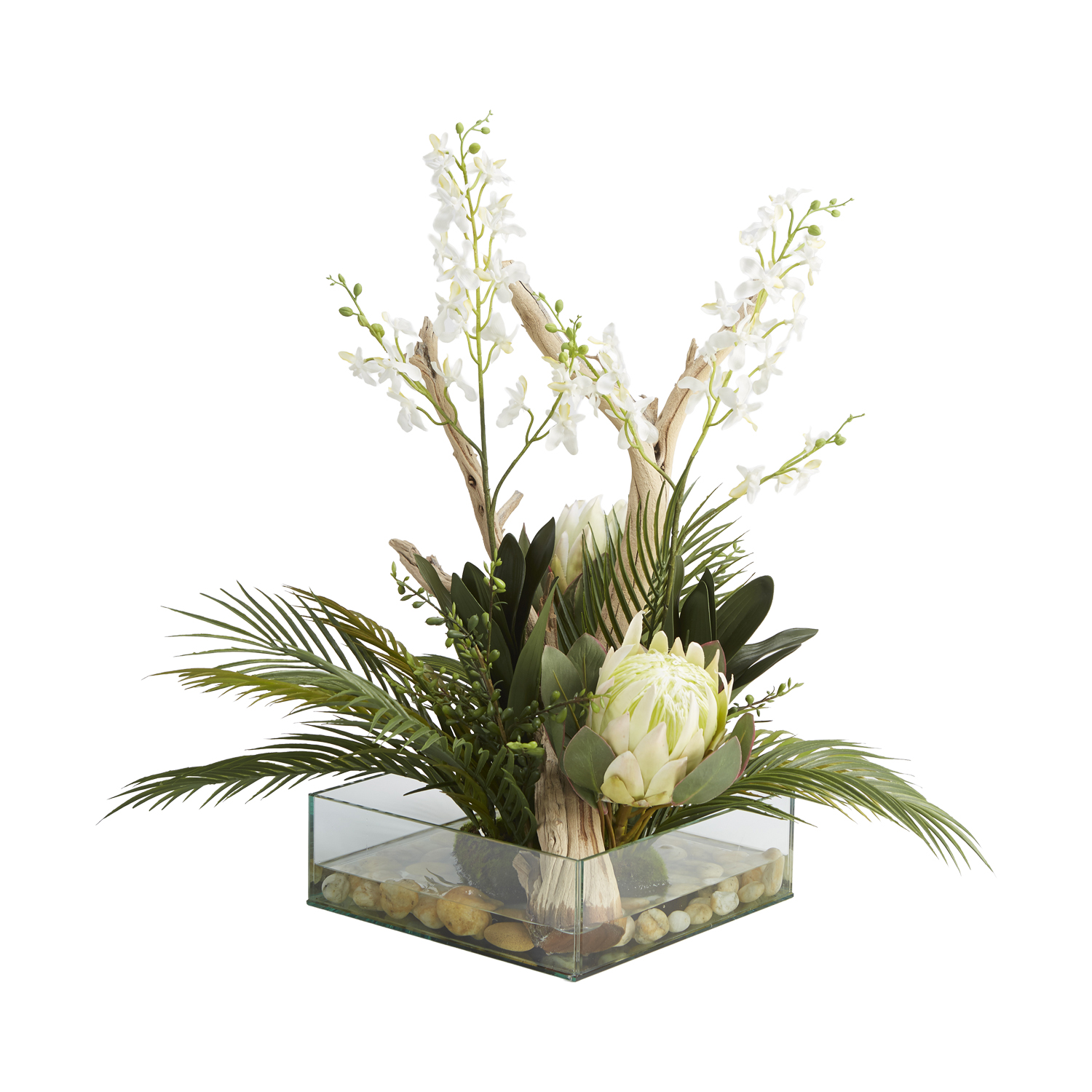 White Cymbidium Orchids, White Protea, Ghostwood & Greenery in Marina Vase - 209039