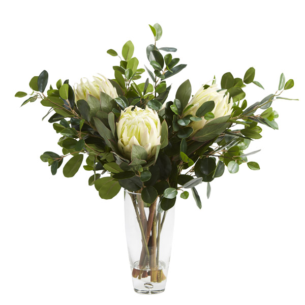 White Proteas with Oriental Ficus Branches in Glass Vase - 209040