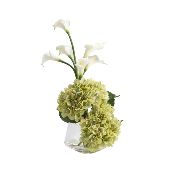 Green Hydrangeas and Calla Lilies in Miter Vase - 209044