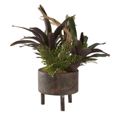 Pineapple Leaf Plants and Grapevine Root in Round Wooden Planter with Legs - 212050
