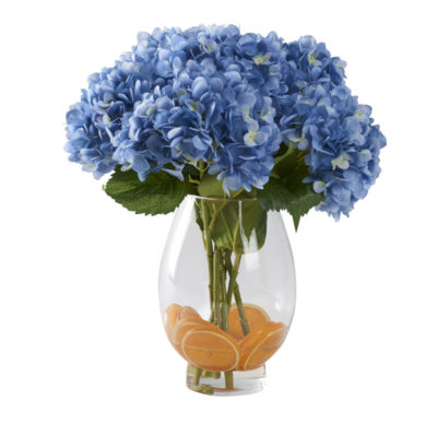 Blue Hydrangeas with Orange Slices in Socle Vase - 212217