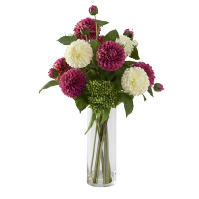 Burgundy and Cream Dahlias with Sedum Bush in Small Rowan Vase - 212233