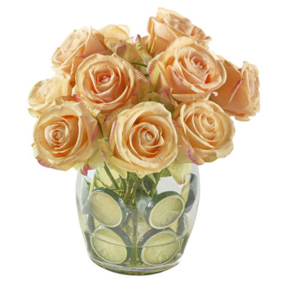 Yellow Natural Touch Roses with Lime Slices in Tumbler Vase - 212275