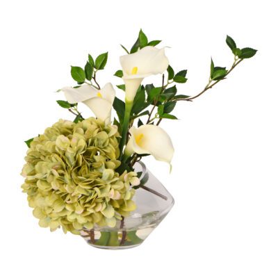 Green Hydrangea with Calla Lilies in Terra Vase - 217020