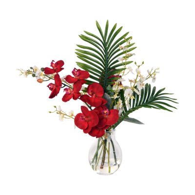 Red Orchids with Palm Fronds in Small Firefly Lightbulb Vase - 217034