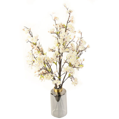 White Cherry Blossom Branches in Large Smoke Vase - 219020