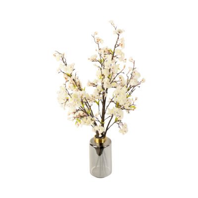 White Cherry Blossom Branches in Large Smoke Vase - 219020