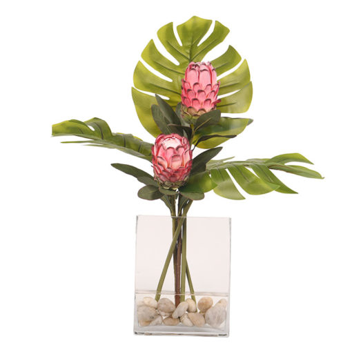 Red Proteas with Philo Fronds in Panel Vase - 219032