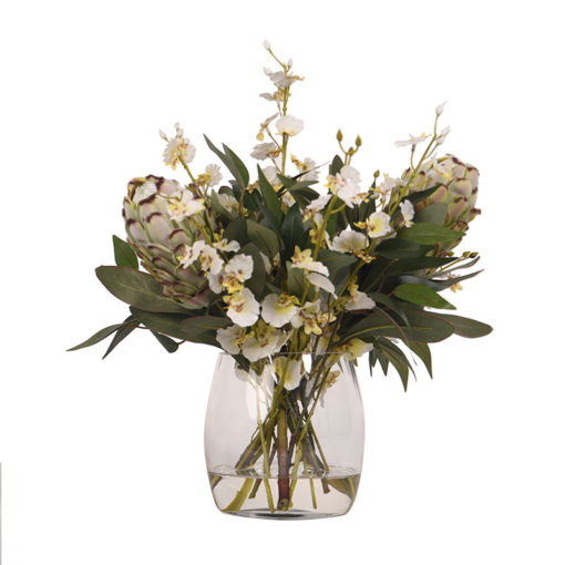 White Proteas, Orchids, & Greenery in Tumbler Vase - 219034