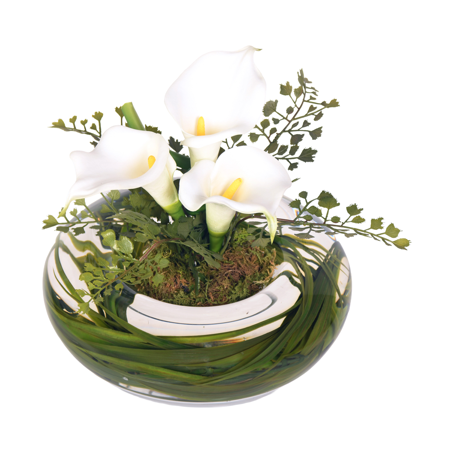 Calla Lilies with Iron Fern in Medium Puddle Vase - 219037