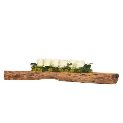 White Natural Touch Roses on Wooden Log - 219039