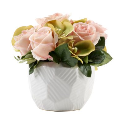 Roses with Green Phal Orchids in White Flintstone Planter - 224004