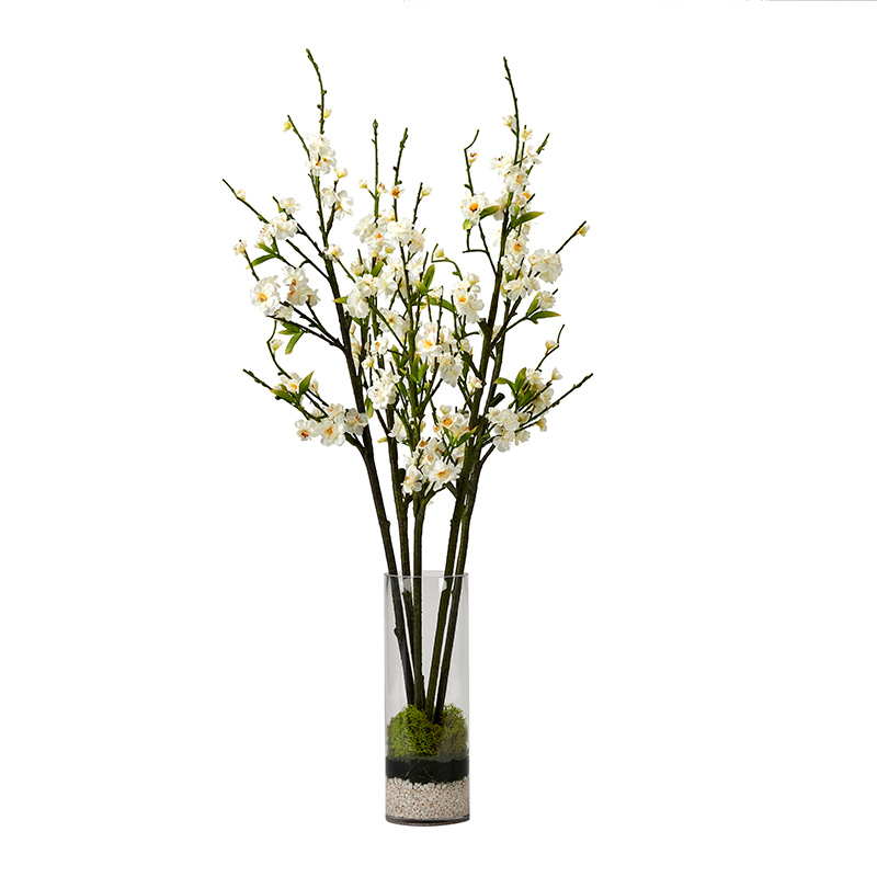 White Peach Blossom Branches in Glass Cylinder - 224025 - D&W Silks