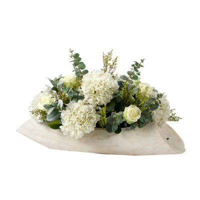 White Hydrangeas, Roses, Eucalyptus, and Lamb's Ear in Whitewashed Lodge Planter - 224029
