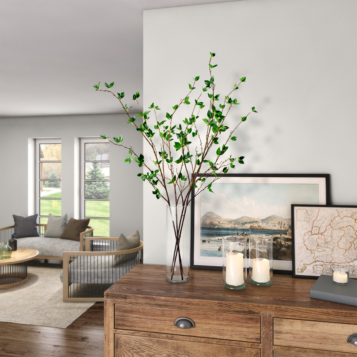 Real Touch Cherry Leaf Branches in Glass Vase - 224033 - Image 2