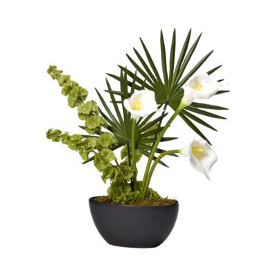 Calla Lilies, Bells of Ireland, and Fan Palm Branches in Skipper Planter - 224039