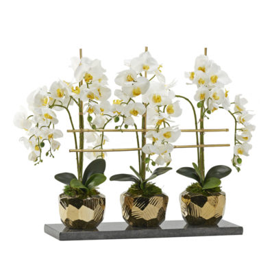 White Orchids in Medium Gold Flintstone Planters with Black Granite Slab - 229022