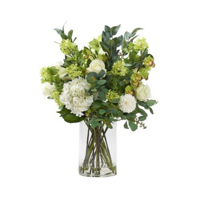 Hydrangeas, Snowball Spray, Roses, and Dahilas in Large Rowan Vase - 229024