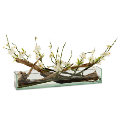 White Peach Blossom with Ghostwood Branches in Medium Aquaria Vase - 229025