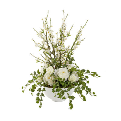 Cherry Blossoms, White Peonies, & White Roses in Small Estelle Planter without Stand - 229040