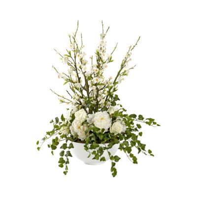 Peonies, Cherry Blossoms, and White Roses in Small Estelle Planter without Stand - 229040