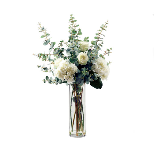Cream Hydrangeas and Roses with Eucalyptus Branches in Cillian Vase - 221034