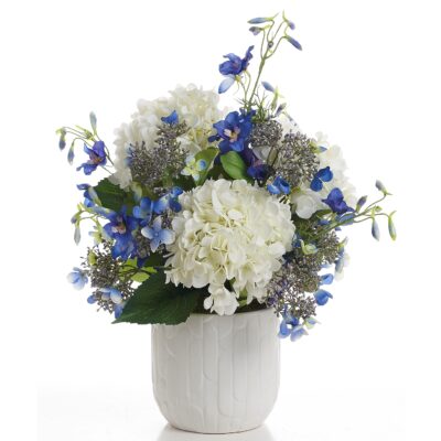 DELPHINIUMS & HYDRANGEAS IN WINSLOW POT - 236009