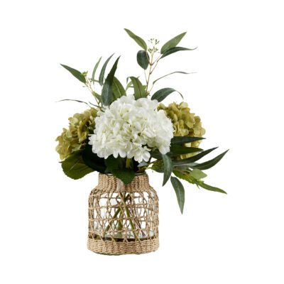 Hydrangeas and Eucalyptus in Jute Wrapped Glass Vase - 239005