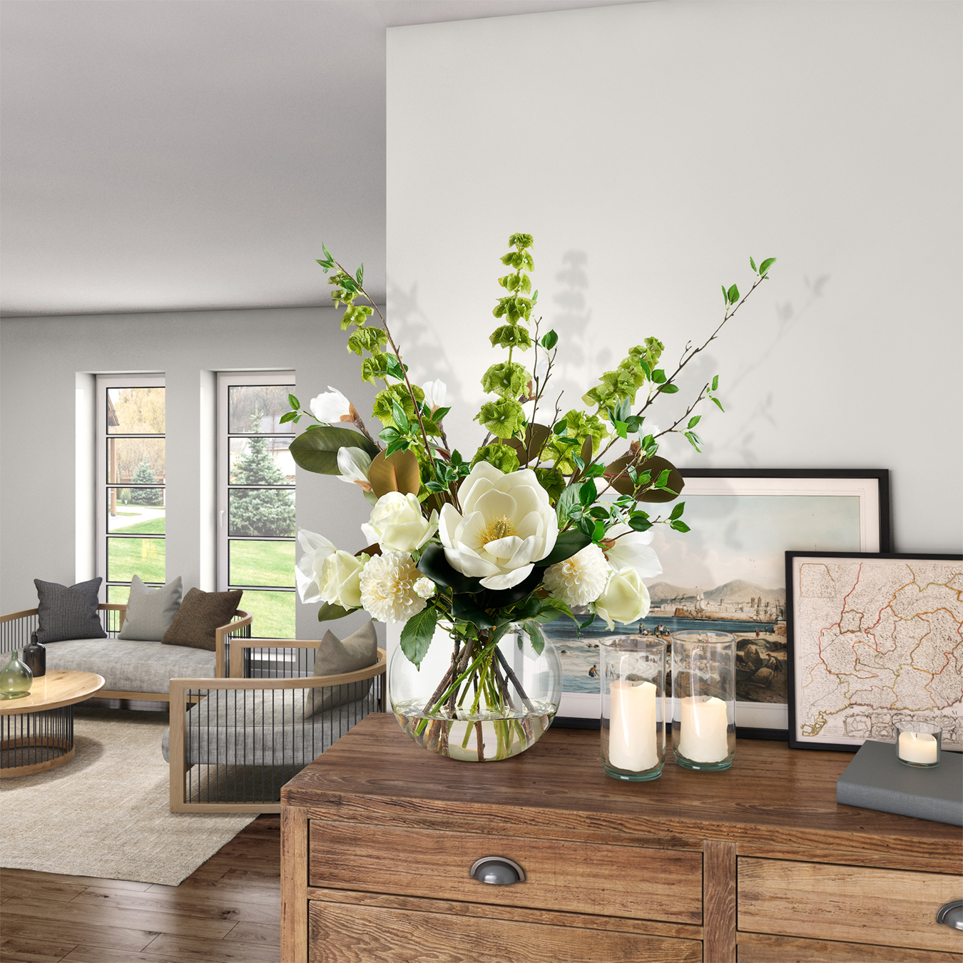Bells of Ireland, Magnolias and Assorted Flowers in Bubble Bowl - 239028 - Image 2